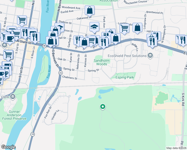 map of restaurants, bars, coffee shops, grocery stores, and more near 265 South Harrison Street in Geneva