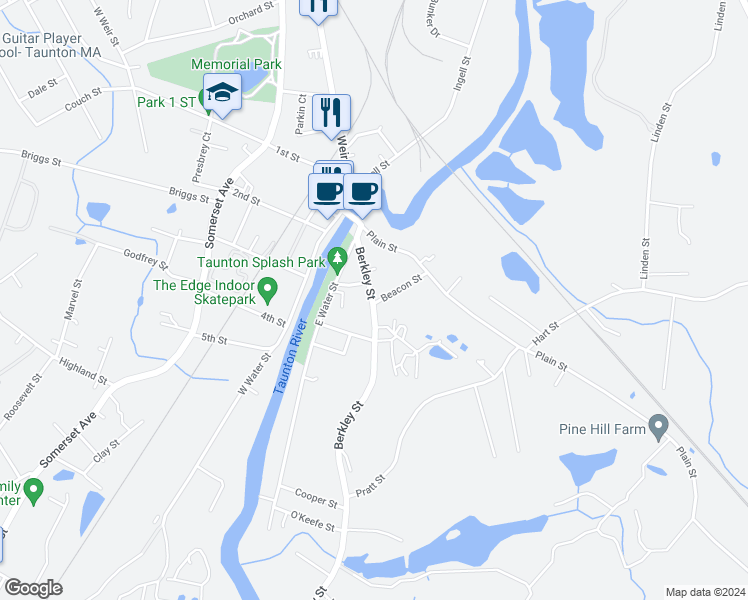map of restaurants, bars, coffee shops, grocery stores, and more near 21 Beacon Street in Taunton