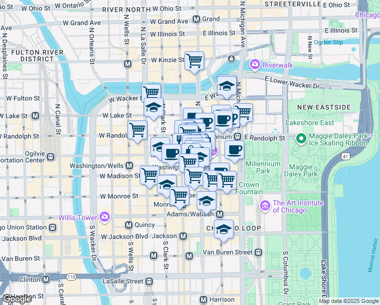 map of restaurants, bars, coffee shops, grocery stores, and more near 22 West Washington Street in Chicago