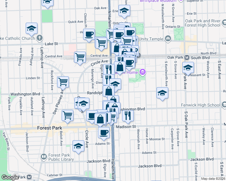 map of restaurants, bars, coffee shops, grocery stores, and more near 100 South Maple Avenue in Oak Park