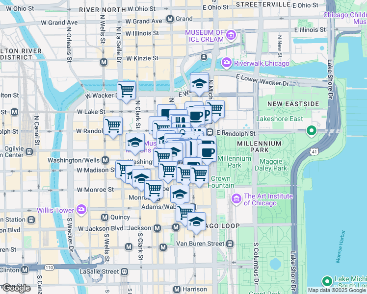 map of restaurants, bars, coffee shops, grocery stores, and more near 24 East Washington Street in Chicago