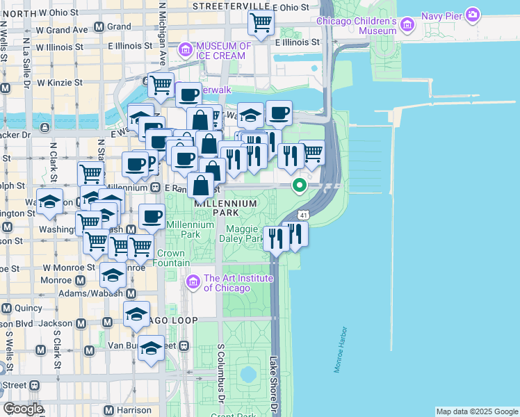 map of restaurants, bars, coffee shops, grocery stores, and more near 405 East Randolph Street in Chicago