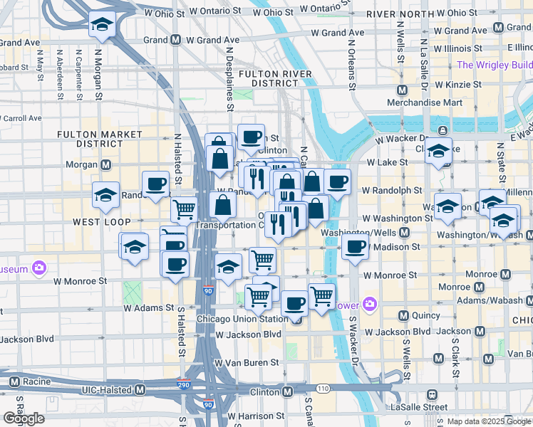 map of restaurants, bars, coffee shops, grocery stores, and more near 559 West Washington Boulevard in Chicago