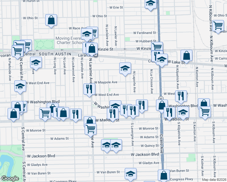 map of restaurants, bars, coffee shops, grocery stores, and more near in Chicago