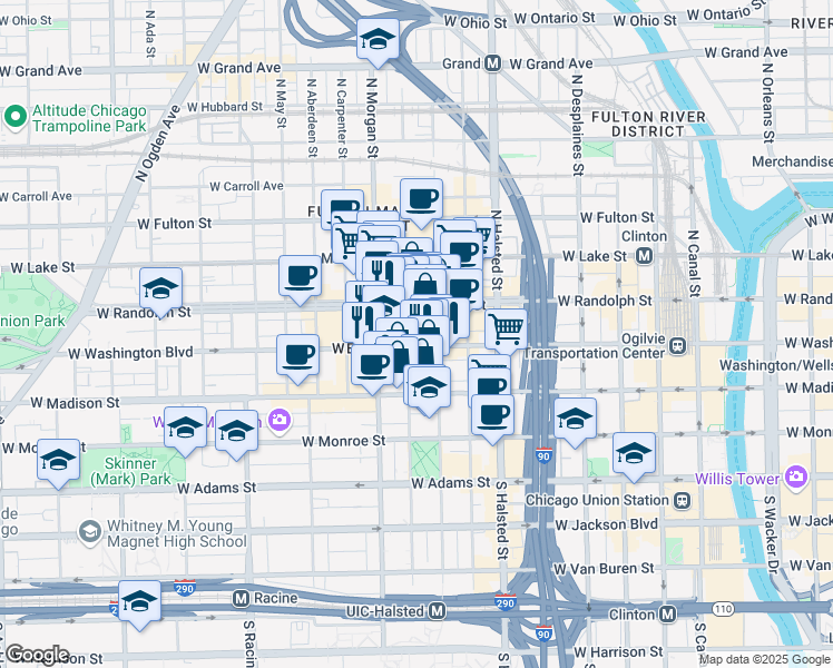 map of restaurants, bars, coffee shops, grocery stores, and more near 922 West Washington Boulevard in Chicago