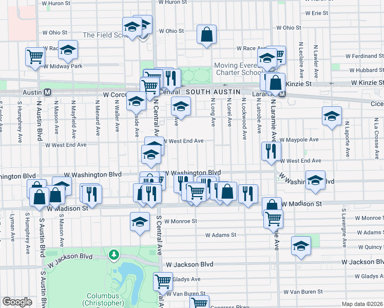 map of restaurants, bars, coffee shops, grocery stores, and more near 120 North Lotus Avenue in Chicago