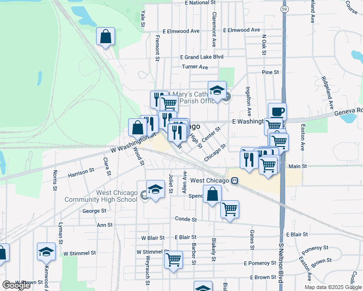 map of restaurants, bars, coffee shops, grocery stores, and more near 305A Main Street in West Chicago