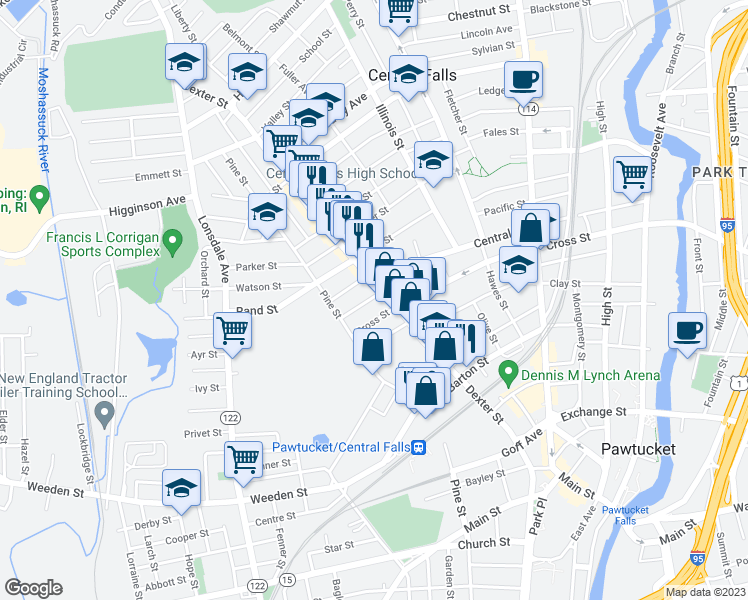 map of restaurants, bars, coffee shops, grocery stores, and more near 16 Knight Street in Central Falls