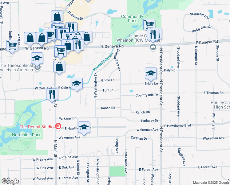 map of restaurants, bars, coffee shops, grocery stores, and more near 520 Turf Lane in Wheaton