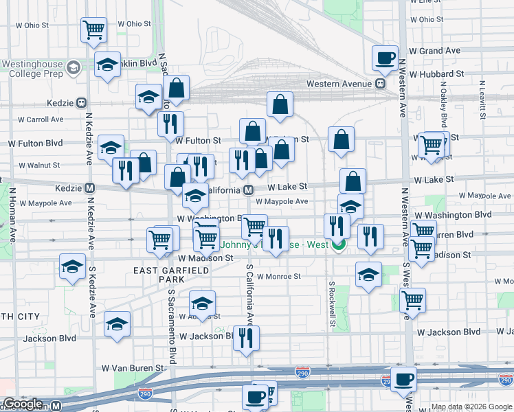 map of restaurants, bars, coffee shops, grocery stores, and more near 2758 West Washington Boulevard in Chicago
