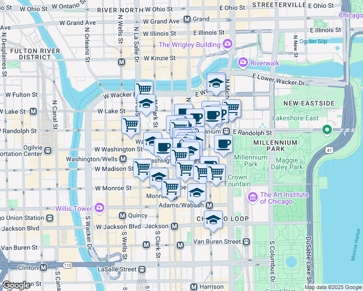map of restaurants, bars, coffee shops, grocery stores, and more near 17 North State Street in Chicago