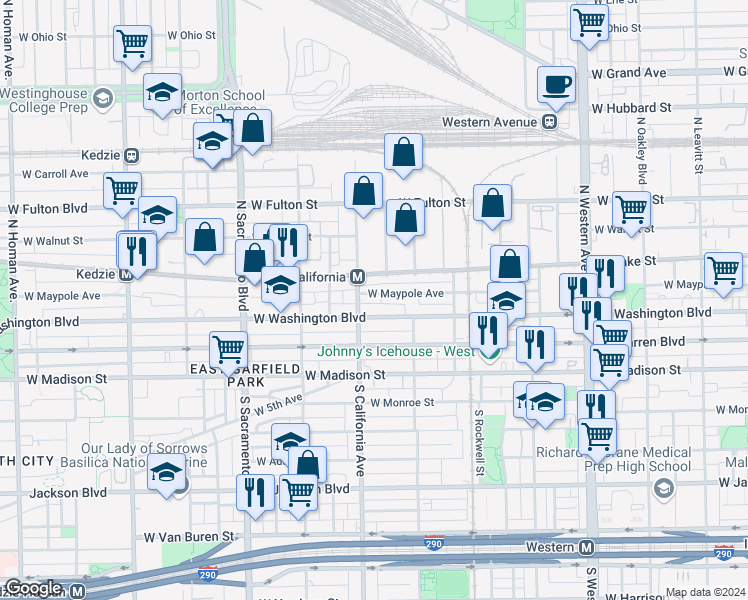 map of restaurants, bars, coffee shops, grocery stores, and more near 2747 West Maypole Avenue in Chicago