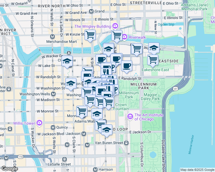 map of restaurants, bars, coffee shops, grocery stores, and more near 30 North Michigan Avenue in Chicago