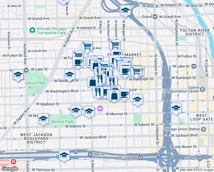 map of restaurants, bars, coffee shops, grocery stores, and more near 1123 West Washington Boulevard in Chicago