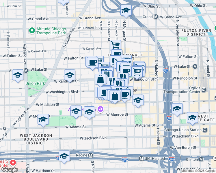 map of restaurants, bars, coffee shops, grocery stores, and more near 111 North Aberdeen Street in Chicago