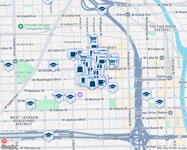 map of restaurants, bars, coffee shops, grocery stores, and more near 110 North Carpenter Street in Chicago