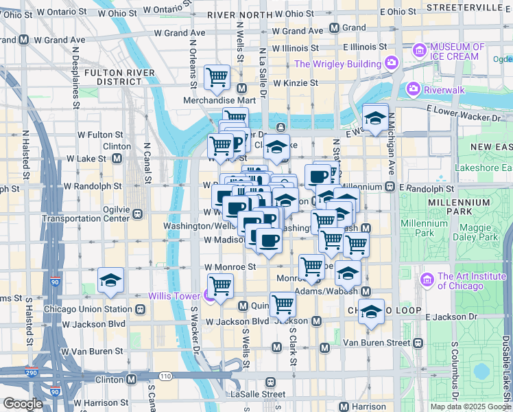 map of restaurants, bars, coffee shops, grocery stores, and more near 161 West Washington Street in Chicago
