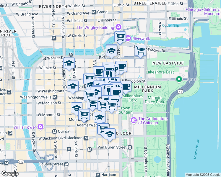 map of restaurants, bars, coffee shops, grocery stores, and more near 111 North Wabash Avenue in Chicago