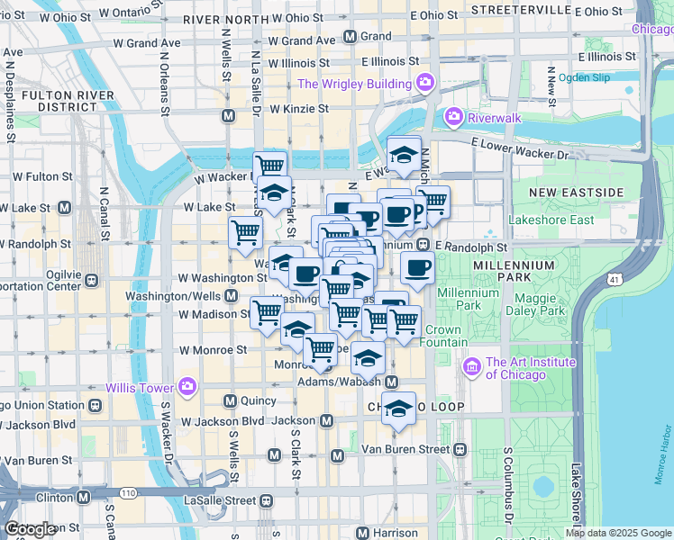 map of restaurants, bars, coffee shops, grocery stores, and more near 108 North State Street in Chicago