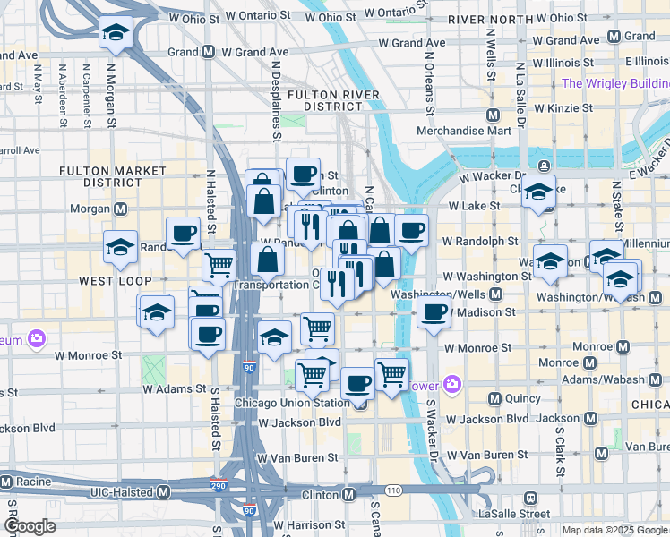 map of restaurants, bars, coffee shops, grocery stores, and more near 550 West Washington Boulevard in Chicago