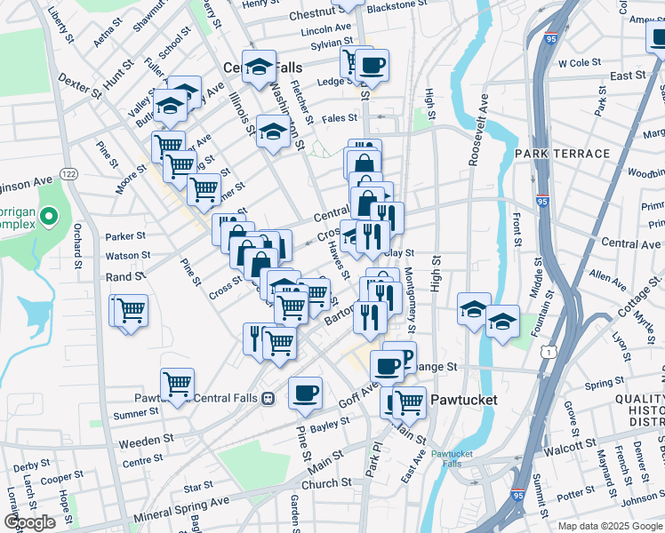 map of restaurants, bars, coffee shops, grocery stores, and more near 84 Olive Street in Central Falls