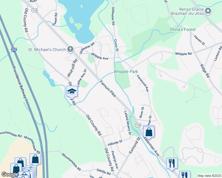map of restaurants, bars, coffee shops, grocery stores, and more near 15 Rhode Island 104 in Smithfield