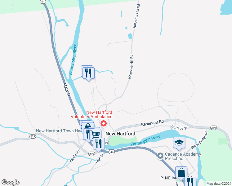 map of restaurants, bars, coffee shops, grocery stores, and more near 3 Loomis Heights in New Hartford