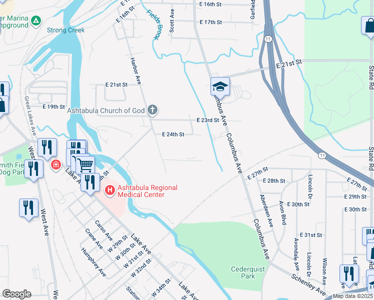 map of restaurants, bars, coffee shops, grocery stores, and more near 925 East 26th Street in Ashtabula