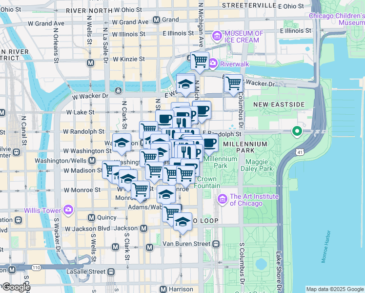 map of restaurants, bars, coffee shops, grocery stores, and more near 30 North Michigan Avenue in Chicago