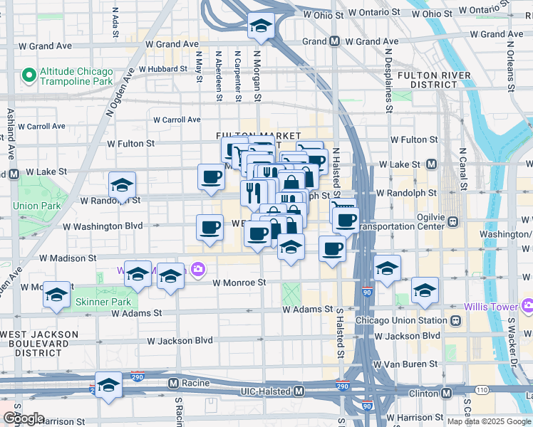 map of restaurants, bars, coffee shops, grocery stores, and more near 43 North Morgan Street in Chicago