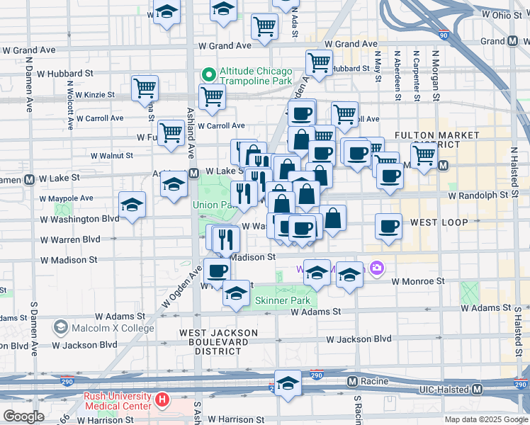 map of restaurants, bars, coffee shops, grocery stores, and more near 1412 West Washington Boulevard in Chicago