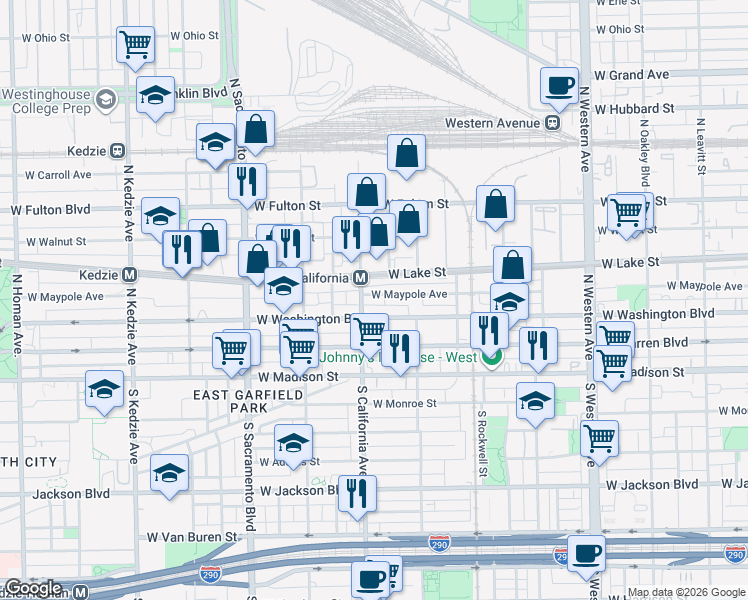 map of restaurants, bars, coffee shops, grocery stores, and more near 2758 West Washington Boulevard in Chicago