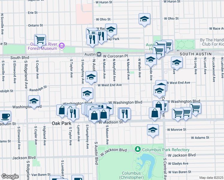 map of restaurants, bars, coffee shops, grocery stores, and more near 128 North Mayfield Avenue in Chicago
