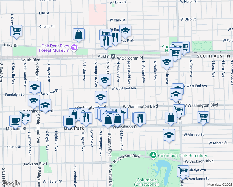 map of restaurants, bars, coffee shops, grocery stores, and more near 132 North Mason Avenue in Chicago