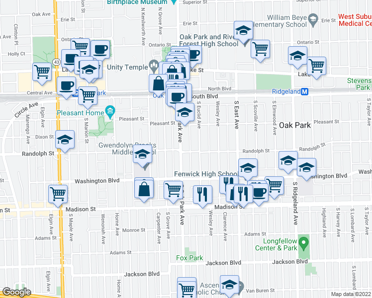 map of restaurants, bars, coffee shops, grocery stores, and more near 717 Randolph Street in Oak Park