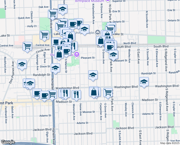 map of restaurants, bars, coffee shops, grocery stores, and more near 304 Clinton Avenue in Oak Park