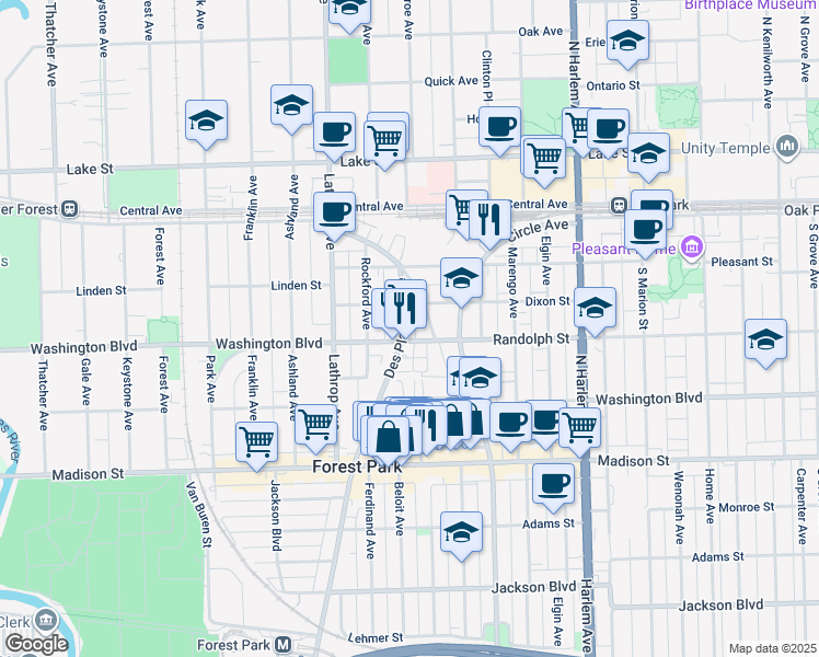map of restaurants, bars, coffee shops, grocery stores, and more near 200 Des Plaines Avenue in Forest Park