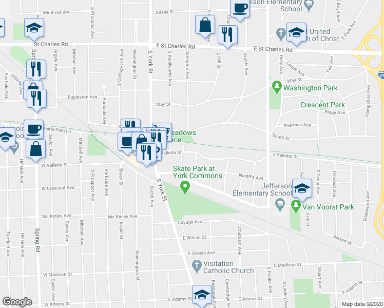 map of restaurants, bars, coffee shops, grocery stores, and more near 555 Arlington Avenue in Elmhurst