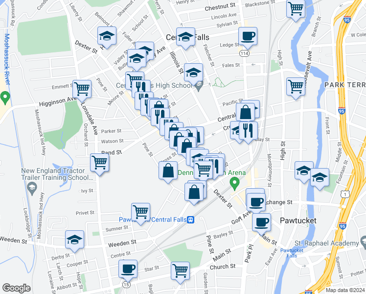 map of restaurants, bars, coffee shops, grocery stores, and more near 185 Cross Street in Central Falls