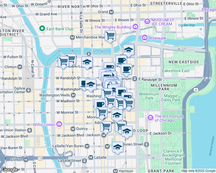 map of restaurants, bars, coffee shops, grocery stores, and more near 22 West Washington Street in Chicago