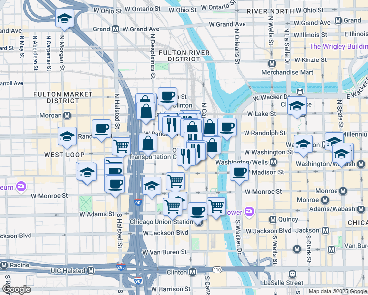 map of restaurants, bars, coffee shops, grocery stores, and more near 559 West Washington Boulevard in Chicago