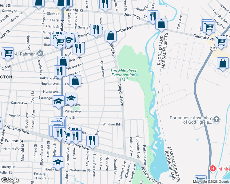 map of restaurants, bars, coffee shops, grocery stores, and more near 45 Wasaga Road in Pawtucket
