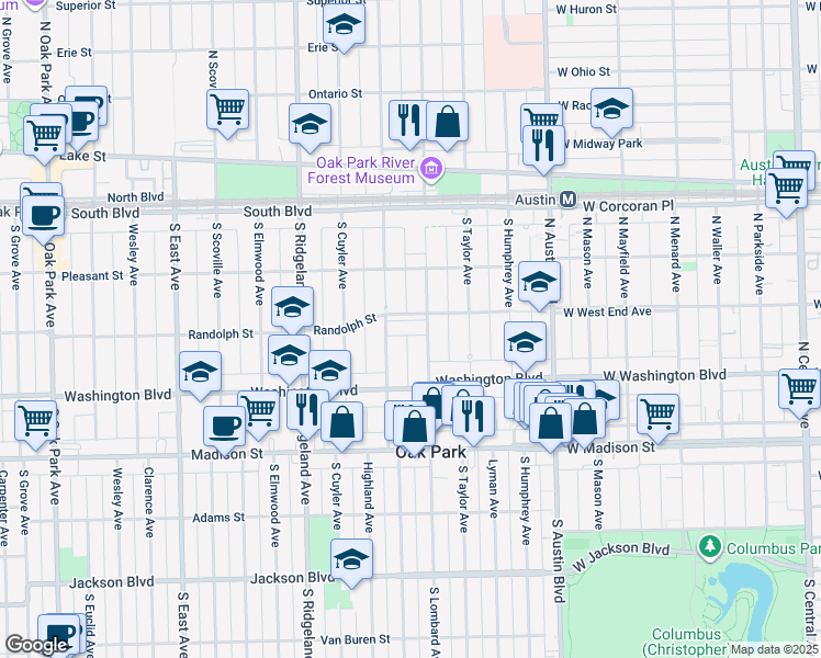 map of restaurants, bars, coffee shops, grocery stores, and more near 319 South Lombard Avenue in Oak Park