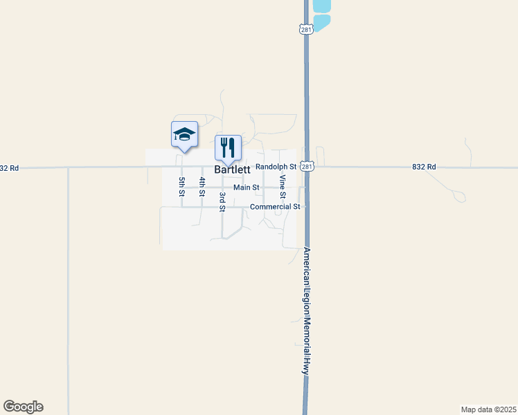 map of restaurants, bars, coffee shops, grocery stores, and more near Commercial Street in Bartlett