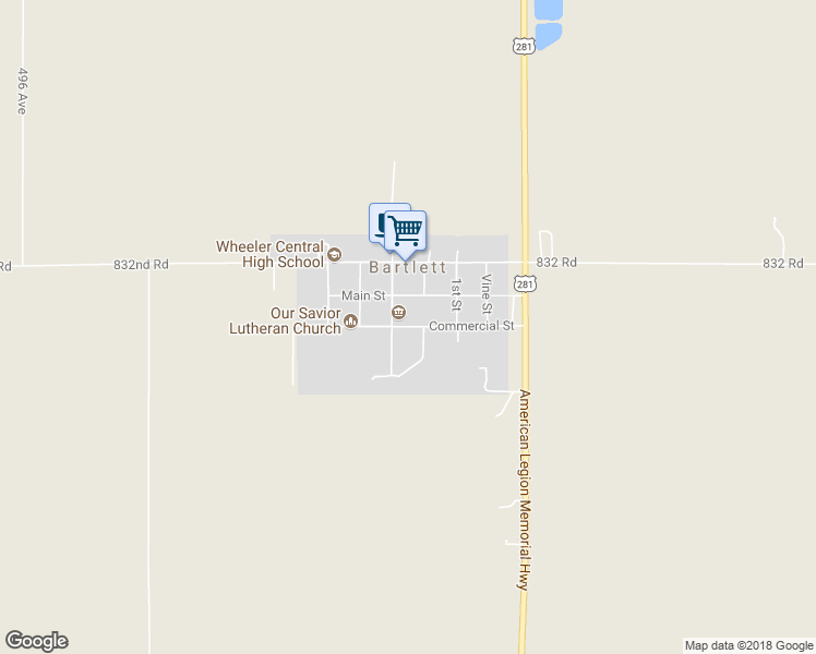 map of restaurants, bars, coffee shops, grocery stores, and more near Commercial Street in Bartlett