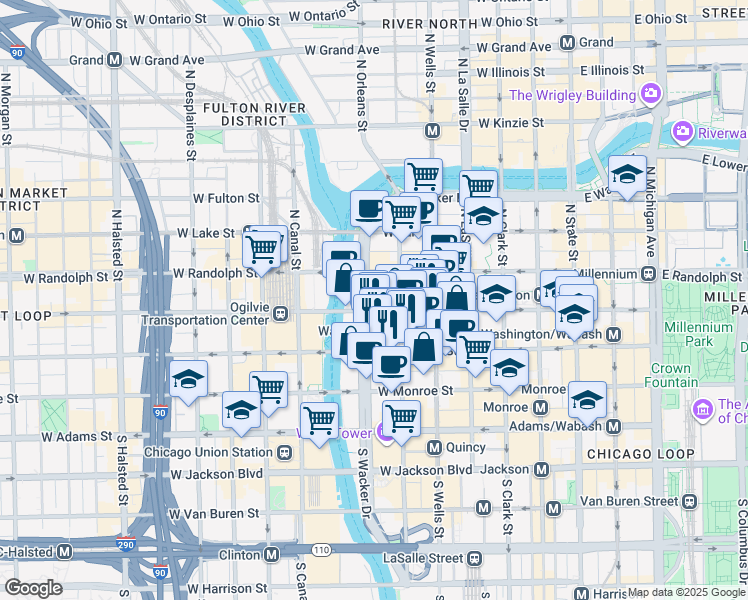 map of restaurants, bars, coffee shops, grocery stores, and more near One North Wacker Drive in Chicago