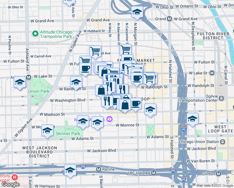 map of restaurants, bars, coffee shops, grocery stores, and more near 1123 West Washington Boulevard in Chicago