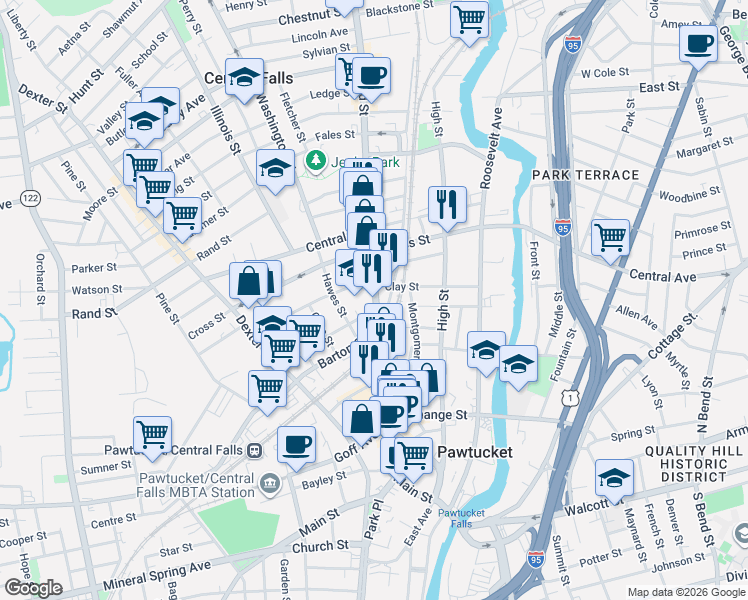 map of restaurants, bars, coffee shops, grocery stores, and more near 310 Broad Street in Central Falls