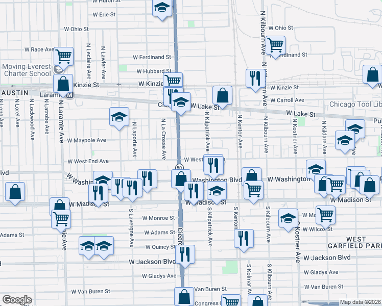 map of restaurants, bars, coffee shops, grocery stores, and more near 4727 West West End Avenue in Chicago
