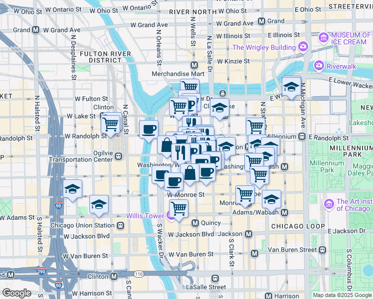 map of restaurants, bars, coffee shops, grocery stores, and more near 212 West Washington Street in Chicago